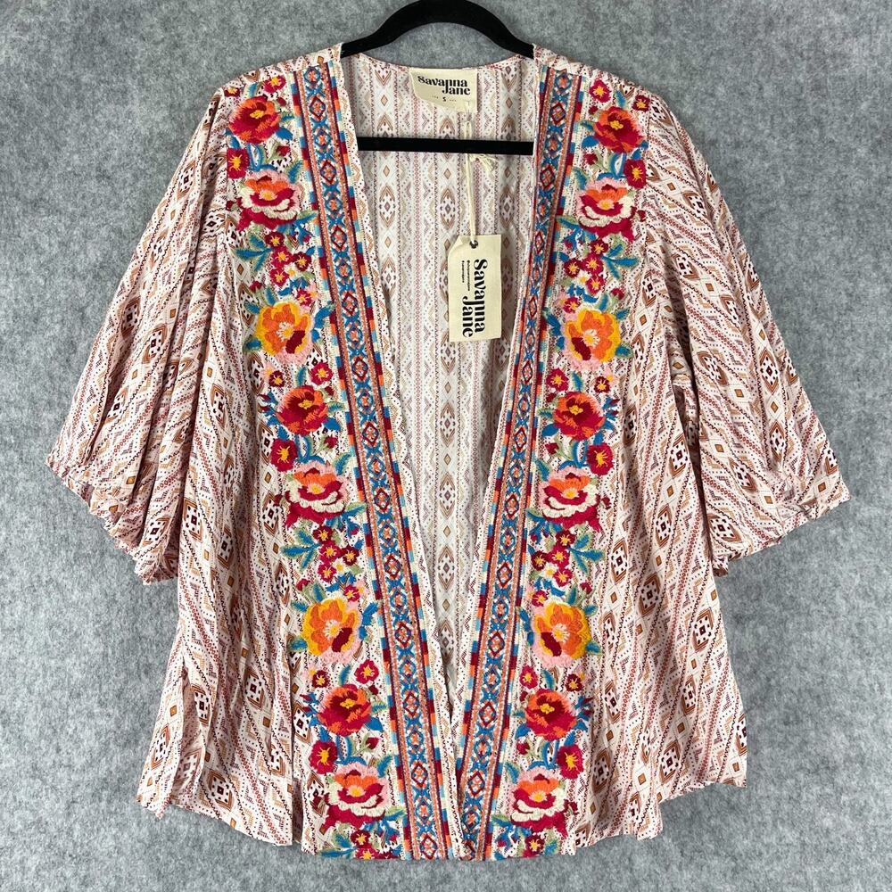 Savanna Jane Kimono Cardigan Womens Small Floral Embroidered‎ Boho Aztec NEW